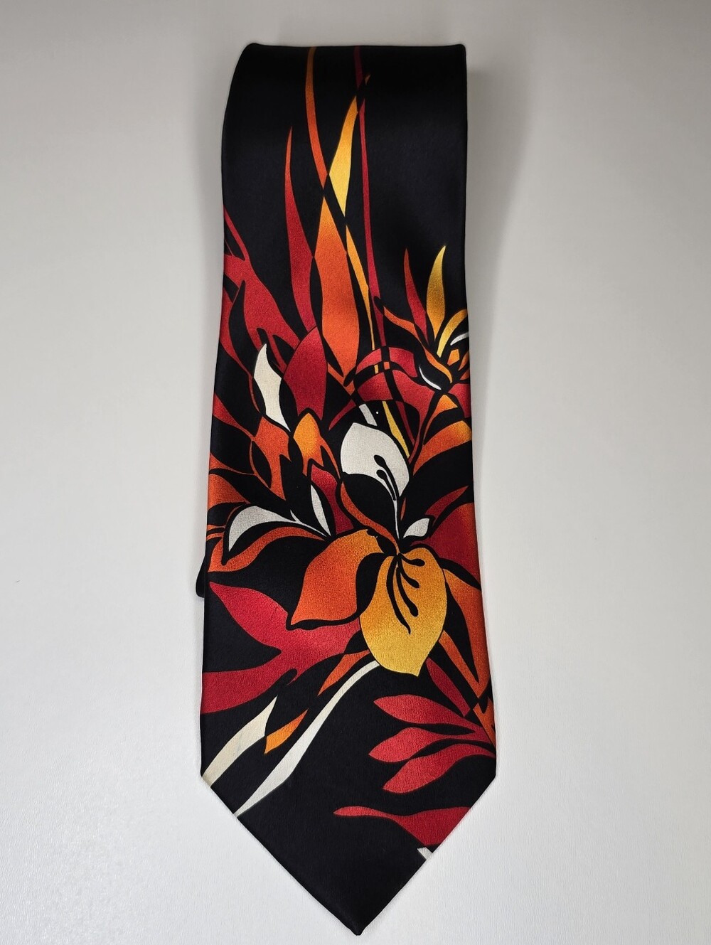 Vitaliano Pancaldi Italy Black Floral Silk Neck Tie Red Orange Designer Vintage